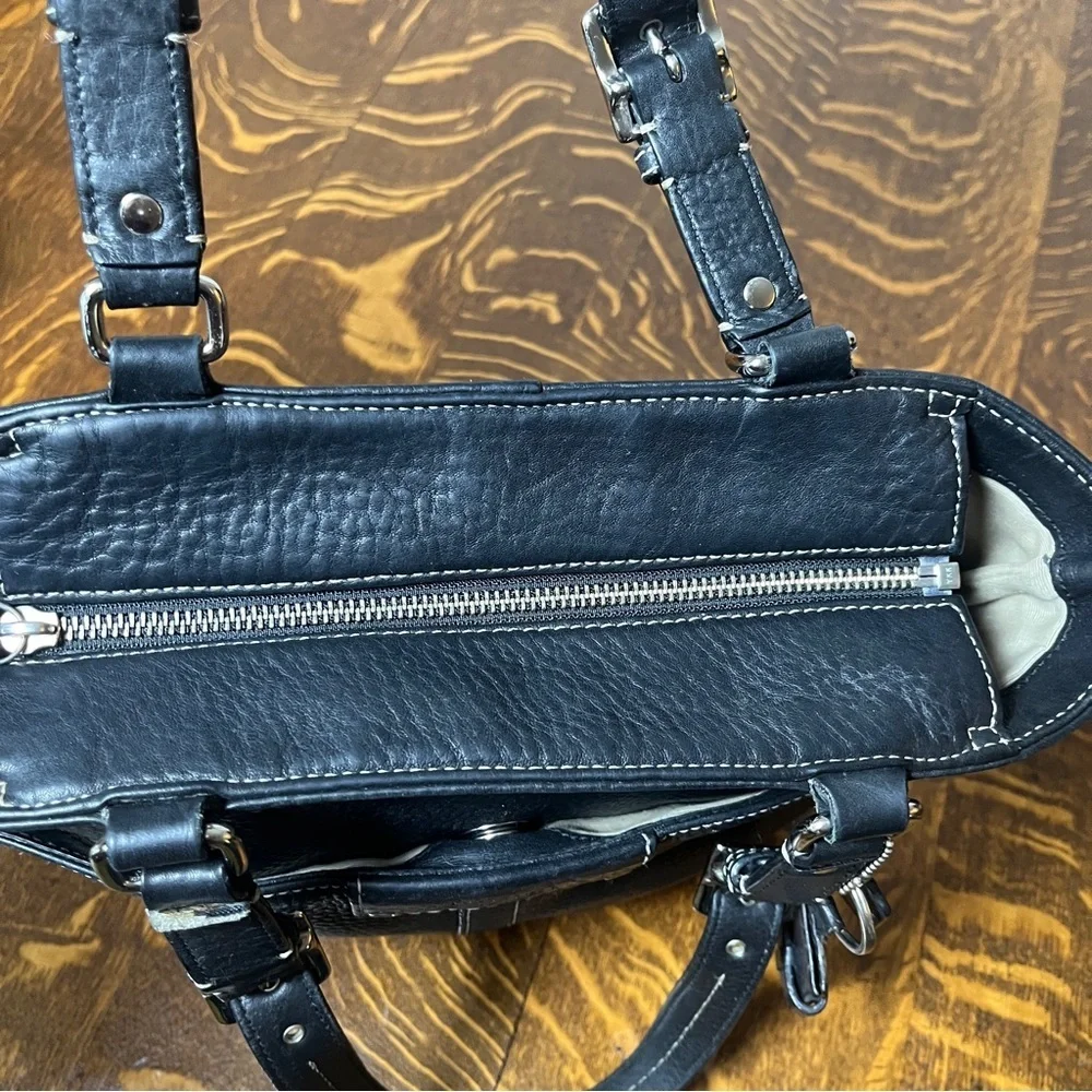 Coach Hamilton Black Pebbled Leather Tote with Buckle Straps & a photo bag charm